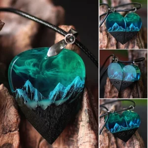 Wood Resin Paired Heart Pendants Mountains